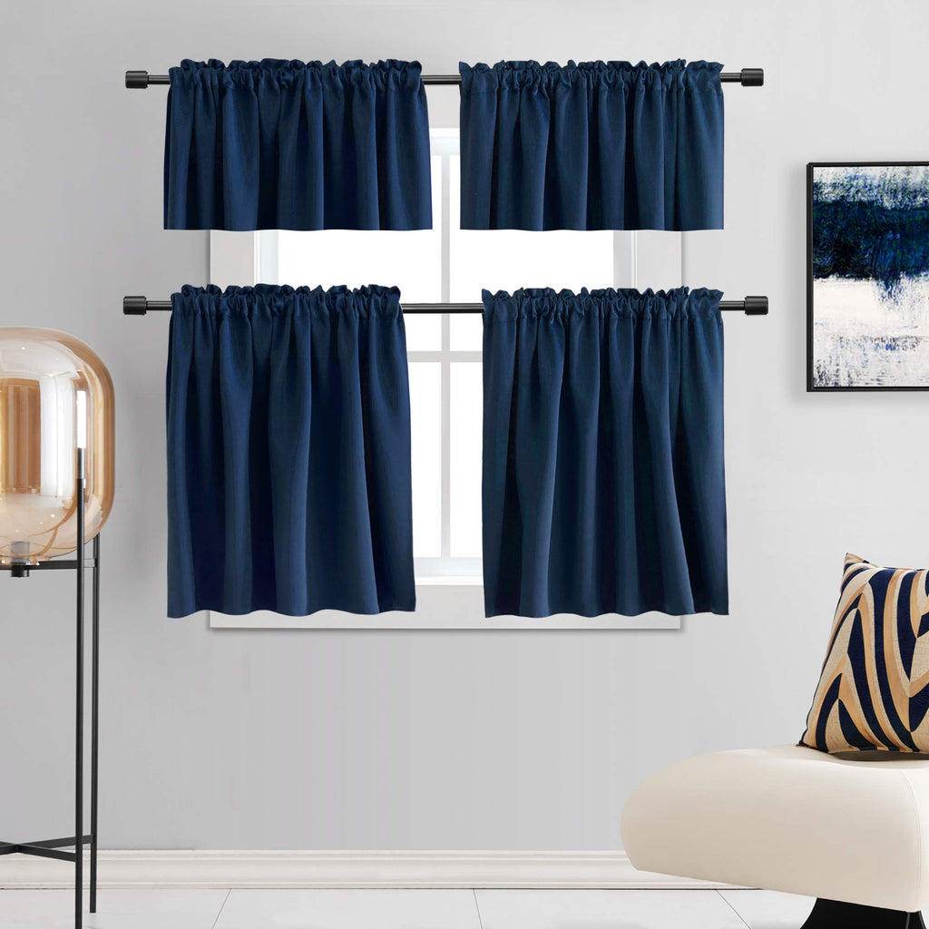 38 Inch Length Tier Curtains- 2 Panels Blackout Thermal Insulating Small Valance Curtains Rod Pocket Top (Navy