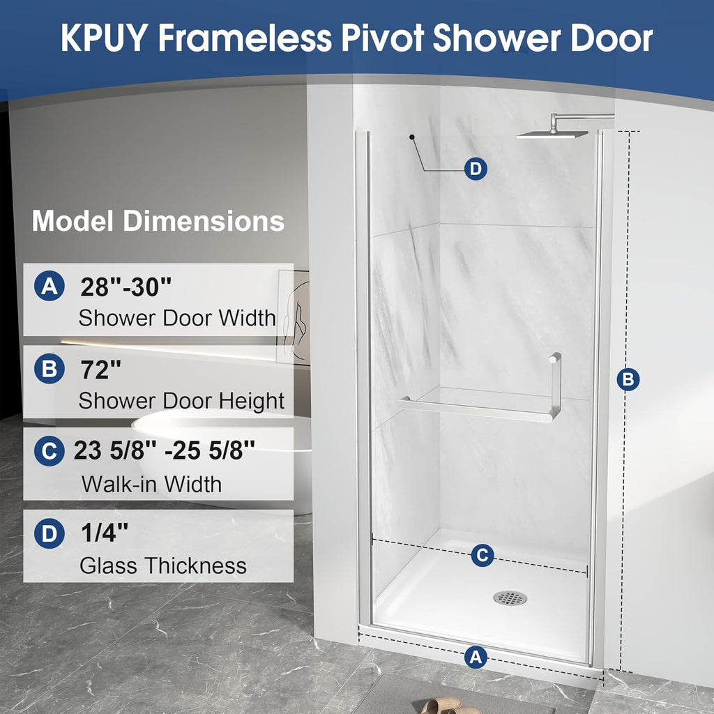Pivot Shower Door, 28-30" W x 72" H Frameless Single Swing Glass Shower Door with Explosion-Proof Film Nano Coating