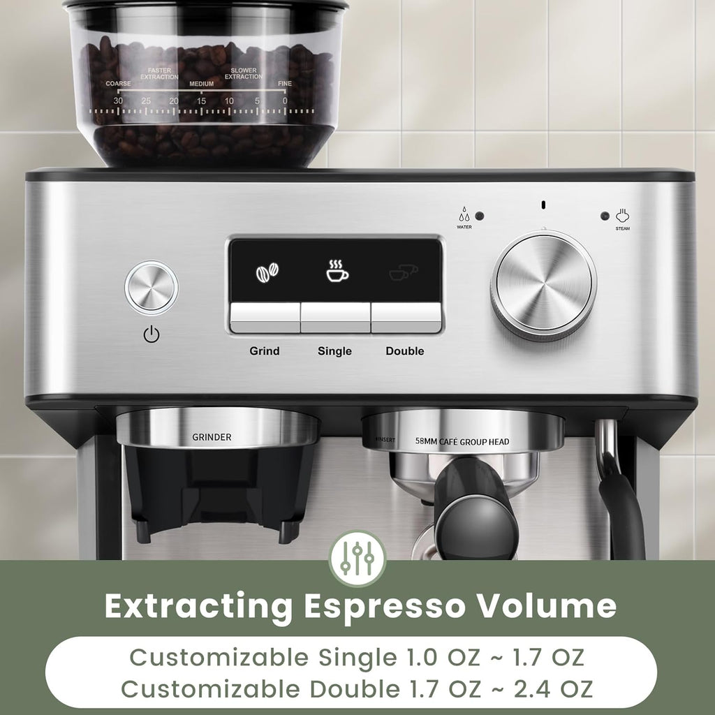 20 Bar Espresso Machine with Grinder & Steam Wand for Latte Cappuccino | Removable Water Tank, Powerful Milk Frother