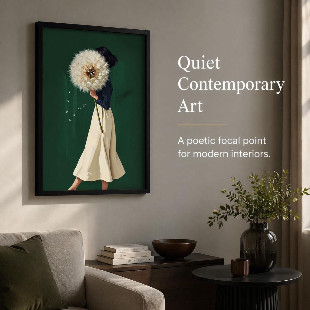 Framed Emerald Green Wall Art Woman With Dandelion Art Prints Modern Women's Minimalist Pictures Soft Botanical