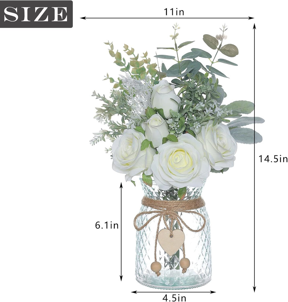 14.5" Faux Flowers with Vase,Artificial Silk Roses in Vase(White) | Realistic Fake Plant Faux Eucalyptus,Flower