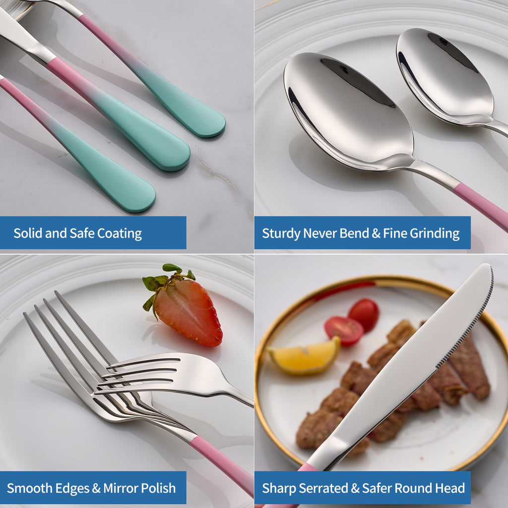 20-Piece pink & green Silverware Set, 18/0 Stainless Steel Colorful Handle Flatware Set, Service for 4, Modern Cutlery