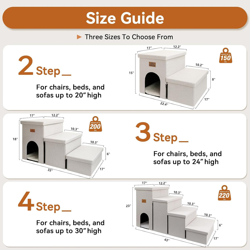 Dog Stairs with Storage, Beige 3 Steps Dog Ramp with Condo for Bed