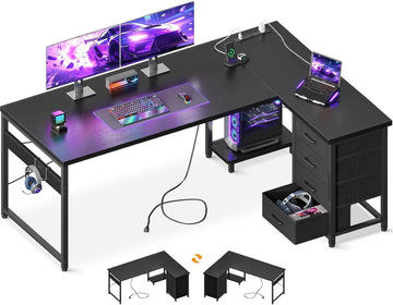 61" L Shaped Gaming Desk with 4 Drawers and Power Outlets, Black | USB Ports, PC Tower Stand, Hooks, Reversible