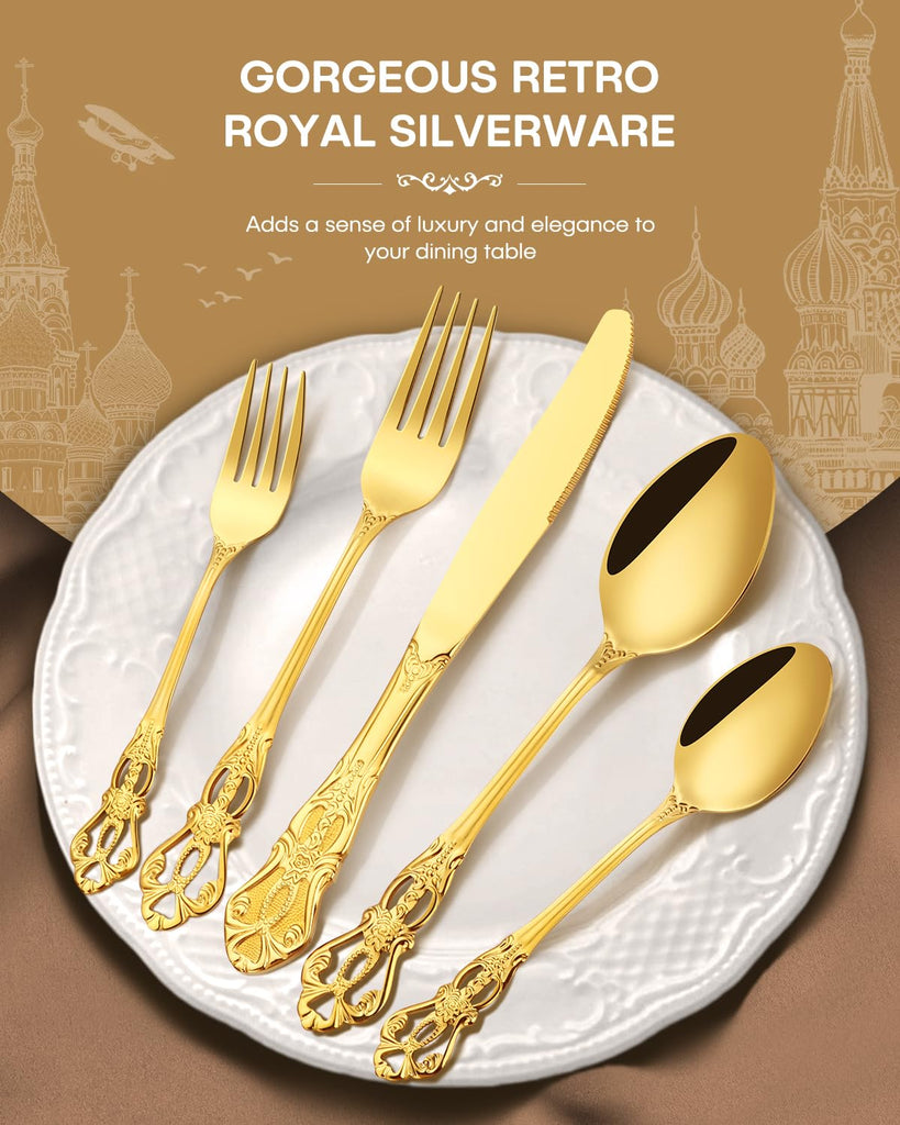 40 Pcs Retro Royal Gold Silverware Set, Stainless Steel Gold Utensils Cutlery Set for 8, Gorgeous Flatware Set