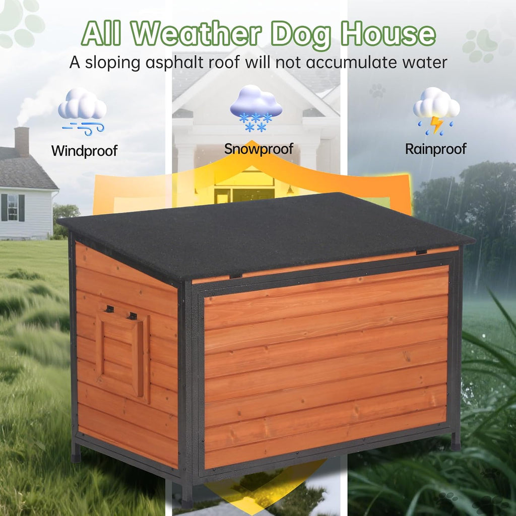 Insulated Outdoor Wooden Dog House, Weatherproof Chew Resistant Metal Frame