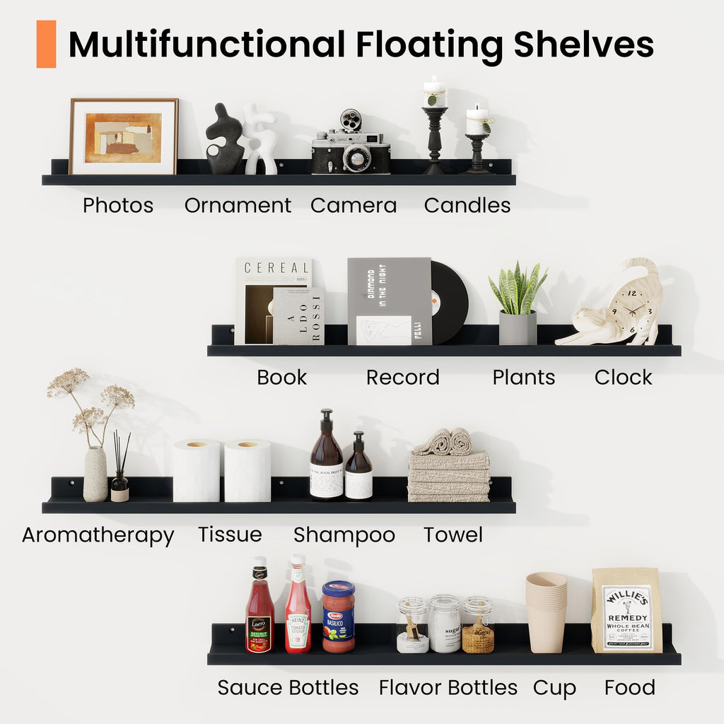 Picture Ledge Shelf, 44 inch Floating Shelves Set of 2, Black Wood Shelf