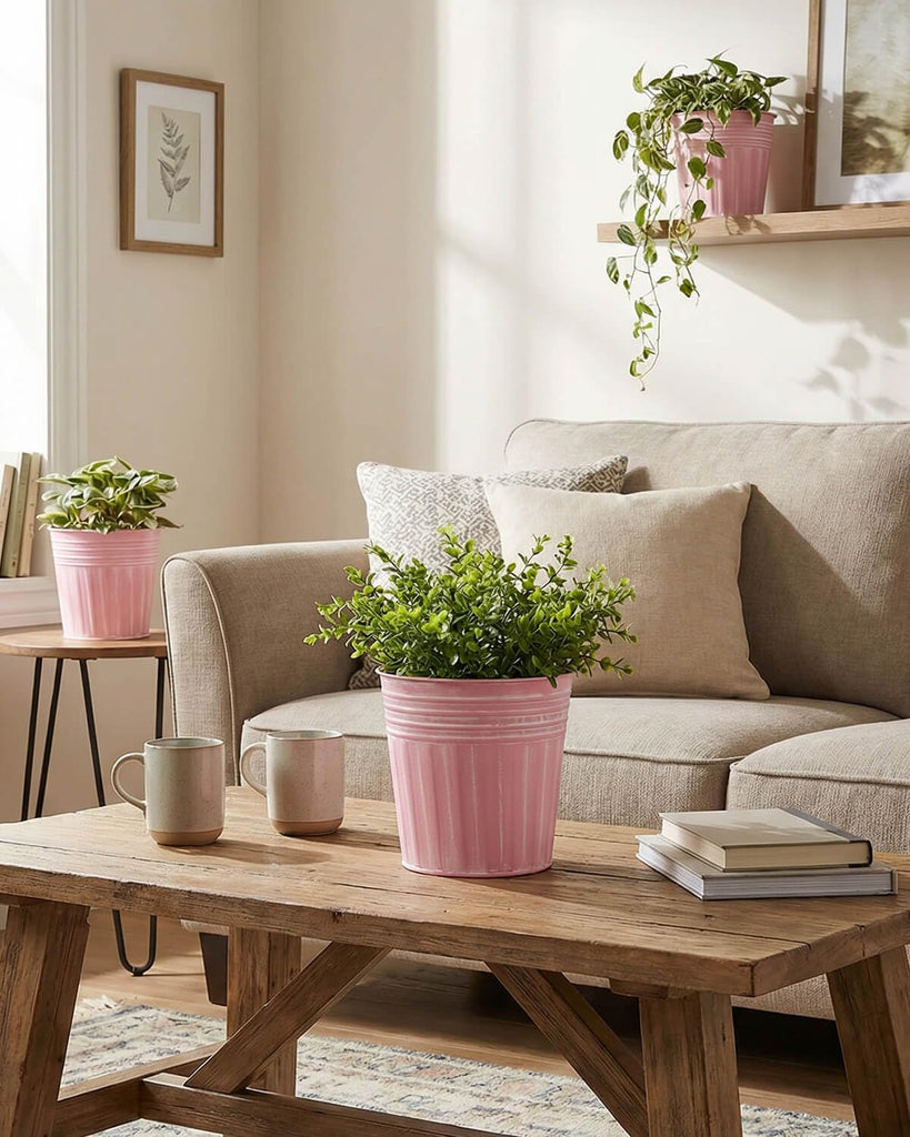 6 Inch Pink Metal Rustic Flower Pots - 6Pcs Medium Galvanized Planters with Drainage Hole and Rubber Plug, Rustproof