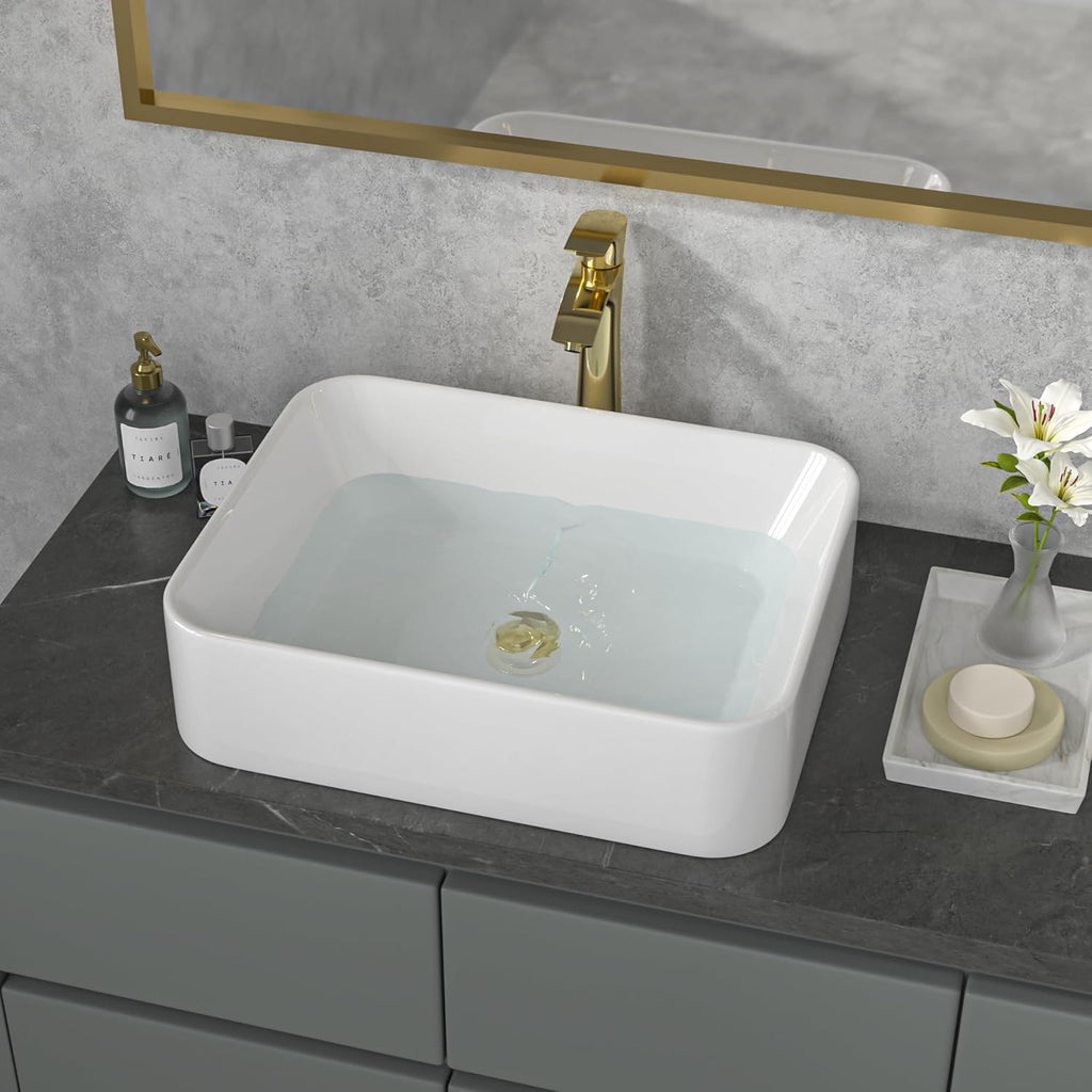 Sarlai Vessel Sink Rectangular - 19"x15" White Bathroom Sink Rectangle Above Counter Porcelain Ceramic Bathroom Vessel
