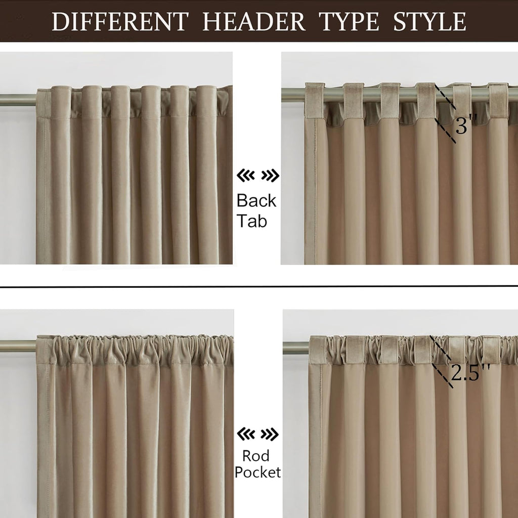 100% Full Blackout Champagne Beige Velvet Curtains 84 inch Long,Set of 2 Liner Rod Pocket Back Tab Thermal Window