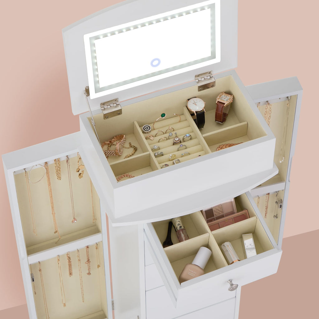Jewelry Cabinet with LED Mirror and 6 Drawers, White