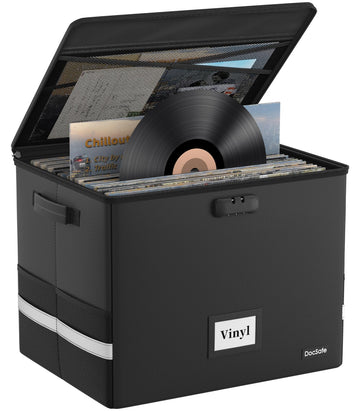 Fireproof Vinyl Record Storage Box with Lock, Large Record Organizer Storage for 150+ Single Records, Collapsible