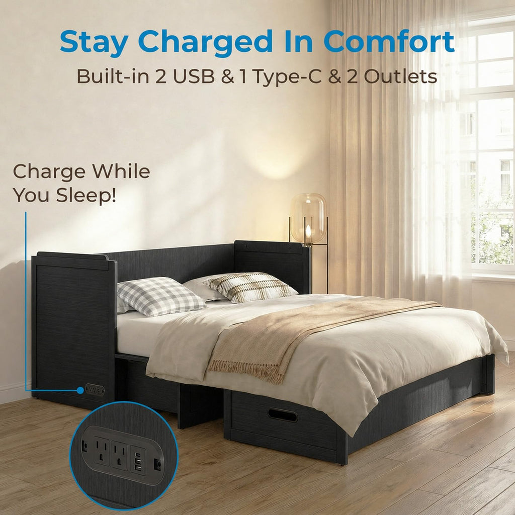 Queen Murphy Bed Cabinet with Tri-Fold Mattress Included, Black