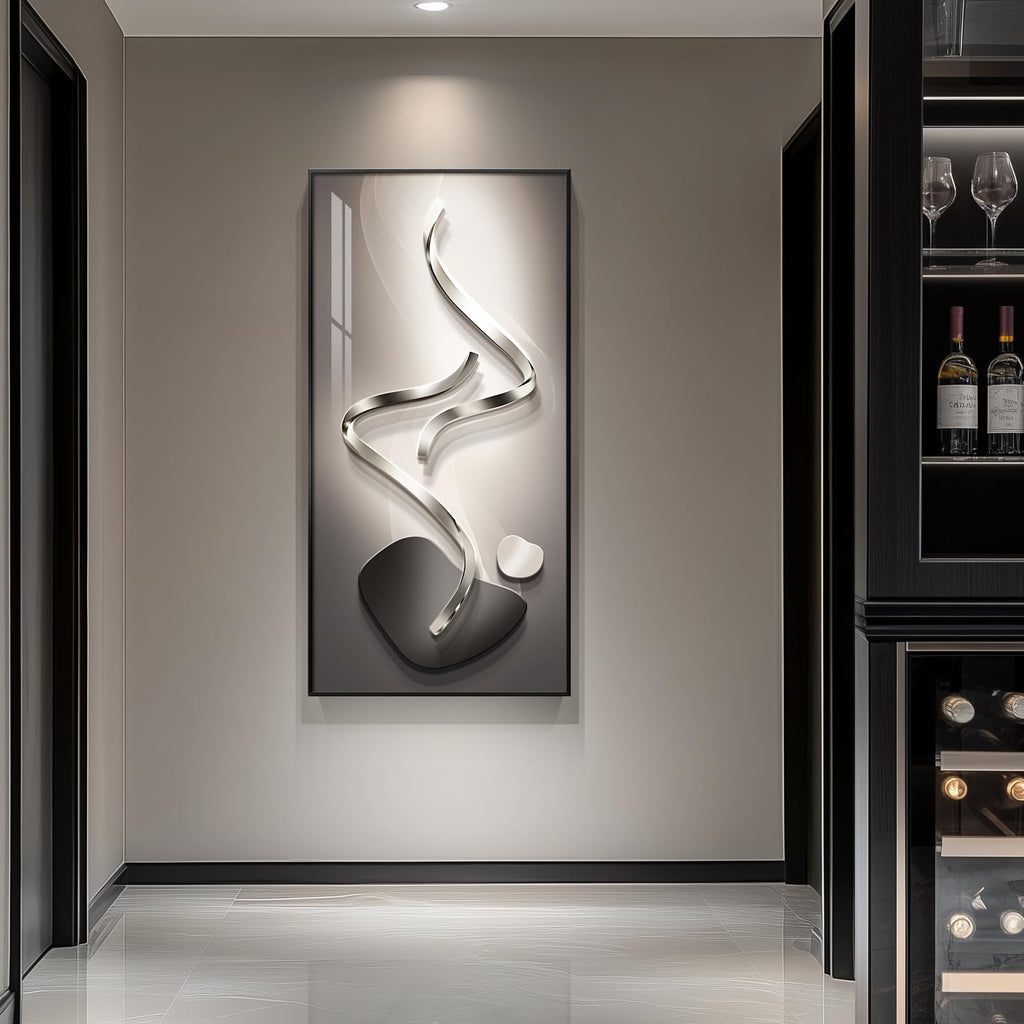 Large Framed Black Gray Abstract Wall Art, Vertical 30x60