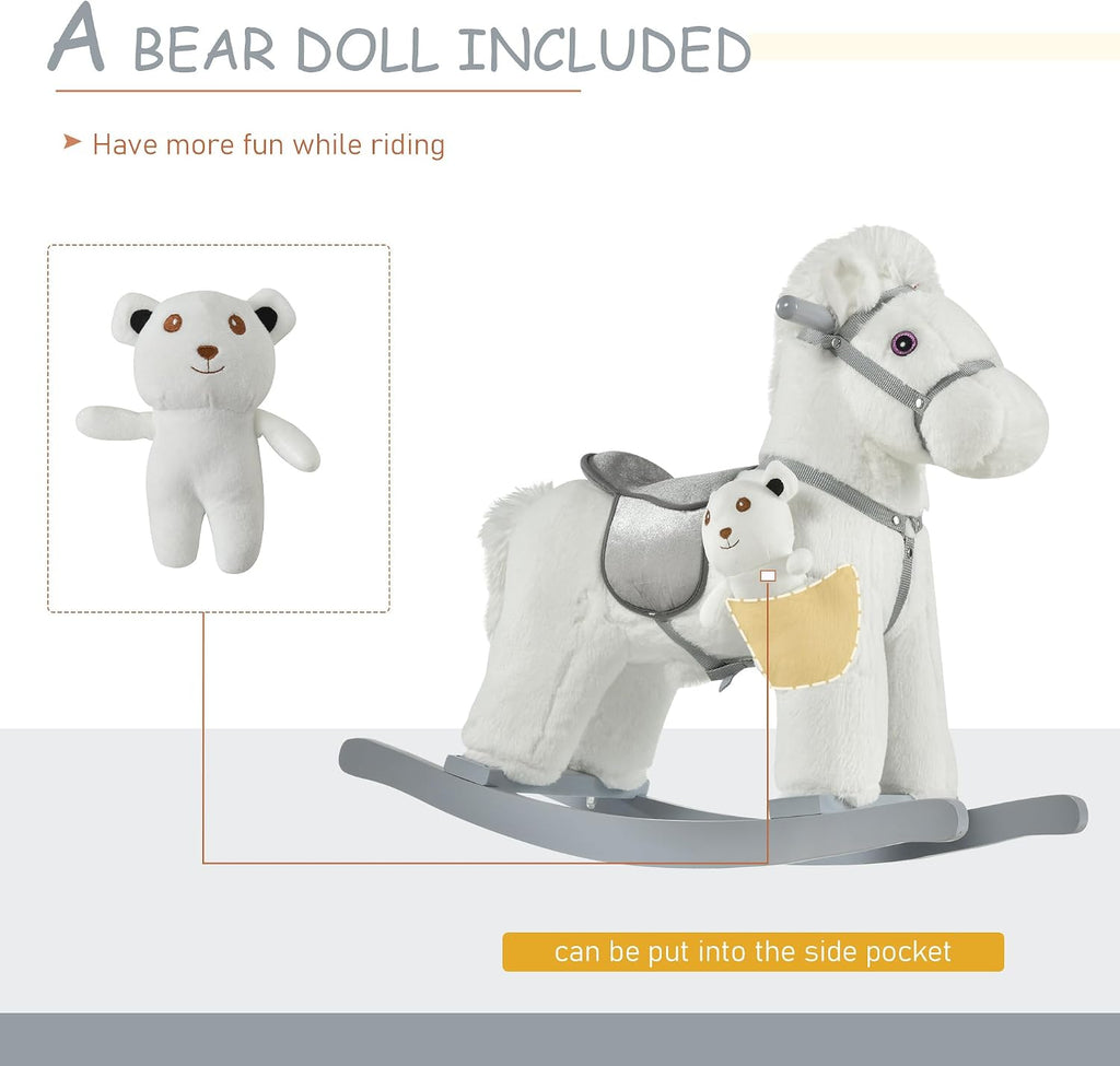 Kids Rocking Horse with Bear Toy Plush for Toddler 18-36 Months White