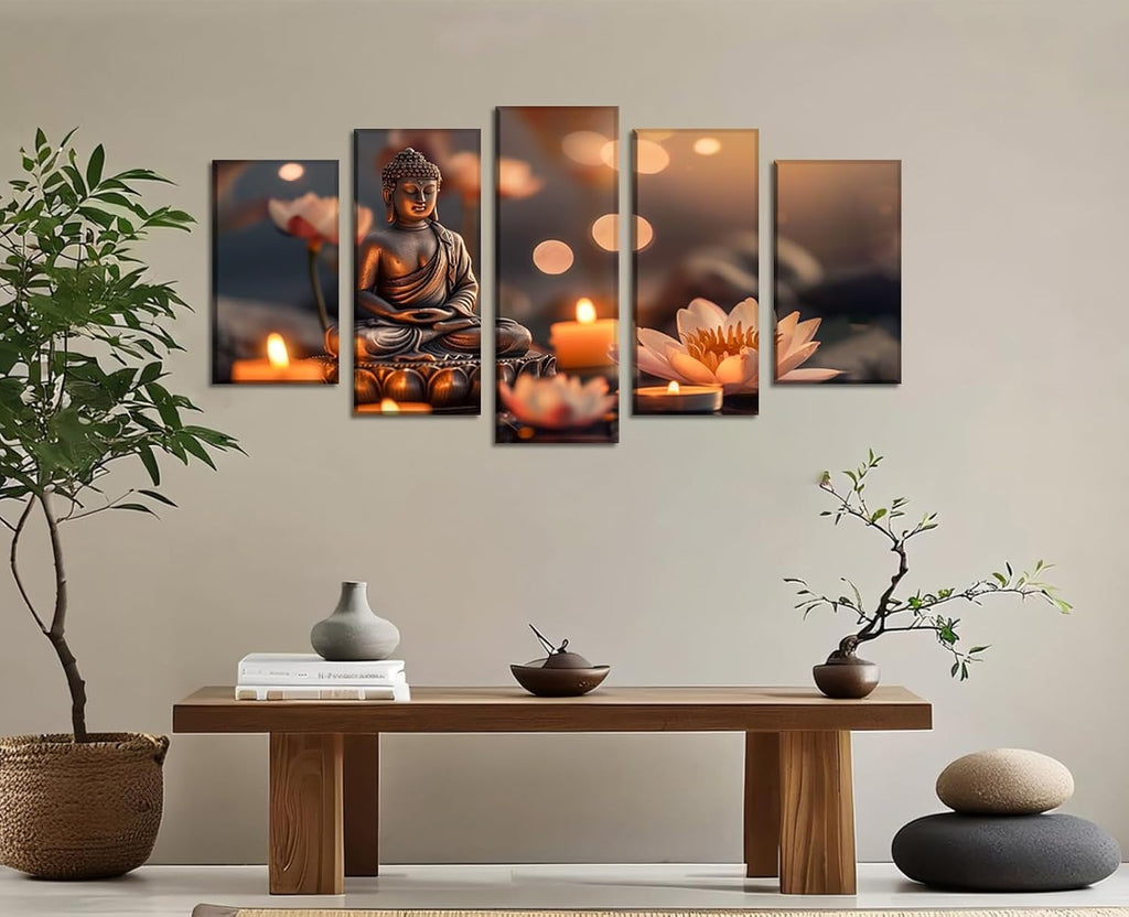 Buddha Canvas Wall Art 5 Piece Zen Wall Decor Pink Lotus Prints Meditation Picture for Yoga Spa Spiritual Room Home - Set of 5