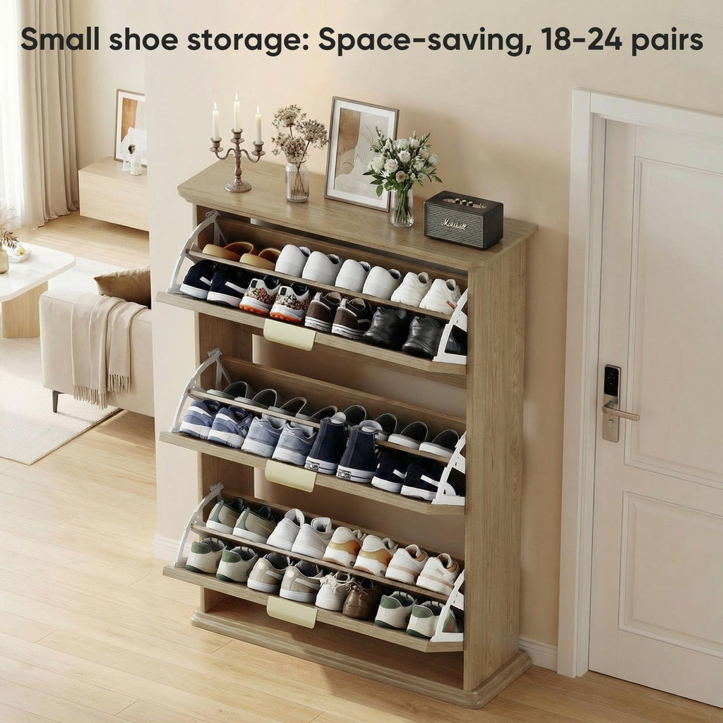 Natural Wood Hidden Shoe Storage Cabinet, Narrow Shoe Rack Cabinet with 3 Flip Drawers, Freestanding Shoe Organizer