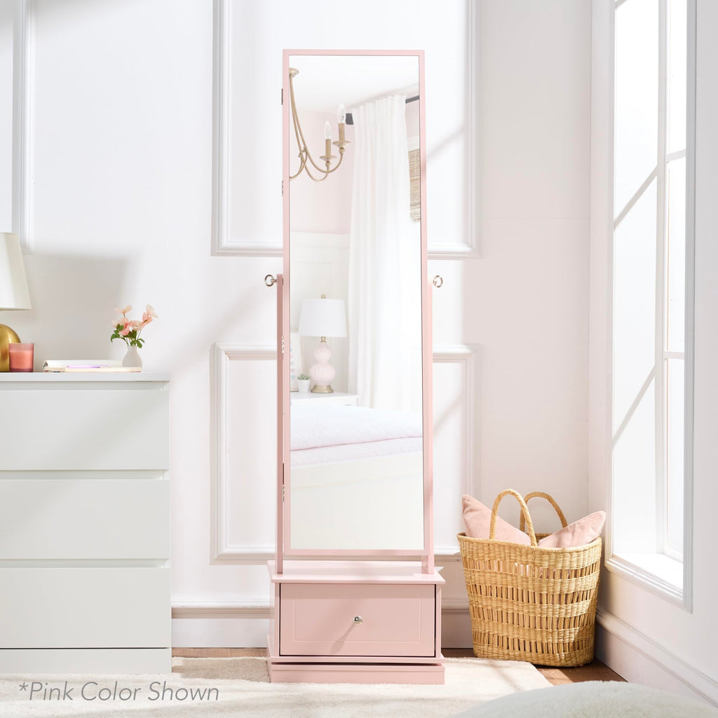 360 Swivel Mirrored Jewelry Cabinet, Standing Armoire, Makeup Storage Organizer, w/LED-lit Mirror, 3 Shelves - Rustic