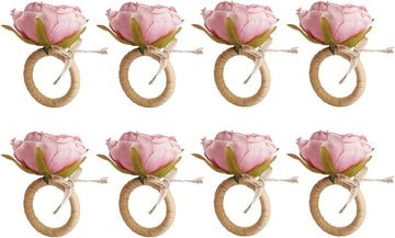 Flower Napkin Rings,Pink Peony Flower Handmade Napkin Holder Rings Table Decorations for Wedding,Fall,Daily - Set of 8