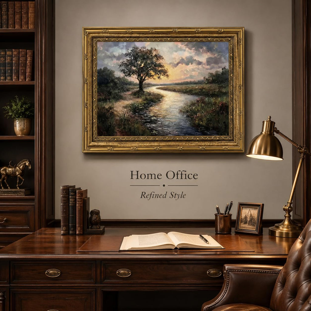 Gold Framed Canvas Wall Art, Serene River Tree Sunset Landscape Painting, Classic Countryside Picture Poster Prints