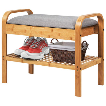 Bamboo Entryway Shoe Bench, 2 Tier Sturdy Shoe Rack with Flip Top Storage Space and Padded Cushion, Compact Shoes