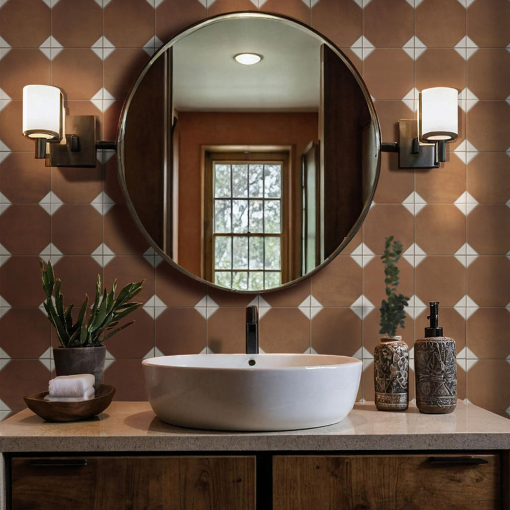 Terracotta Cotto & White Geometric Porcelain Floor and Wall Tile 13" x 13", Matte Vintage Pattern Decorative Tile