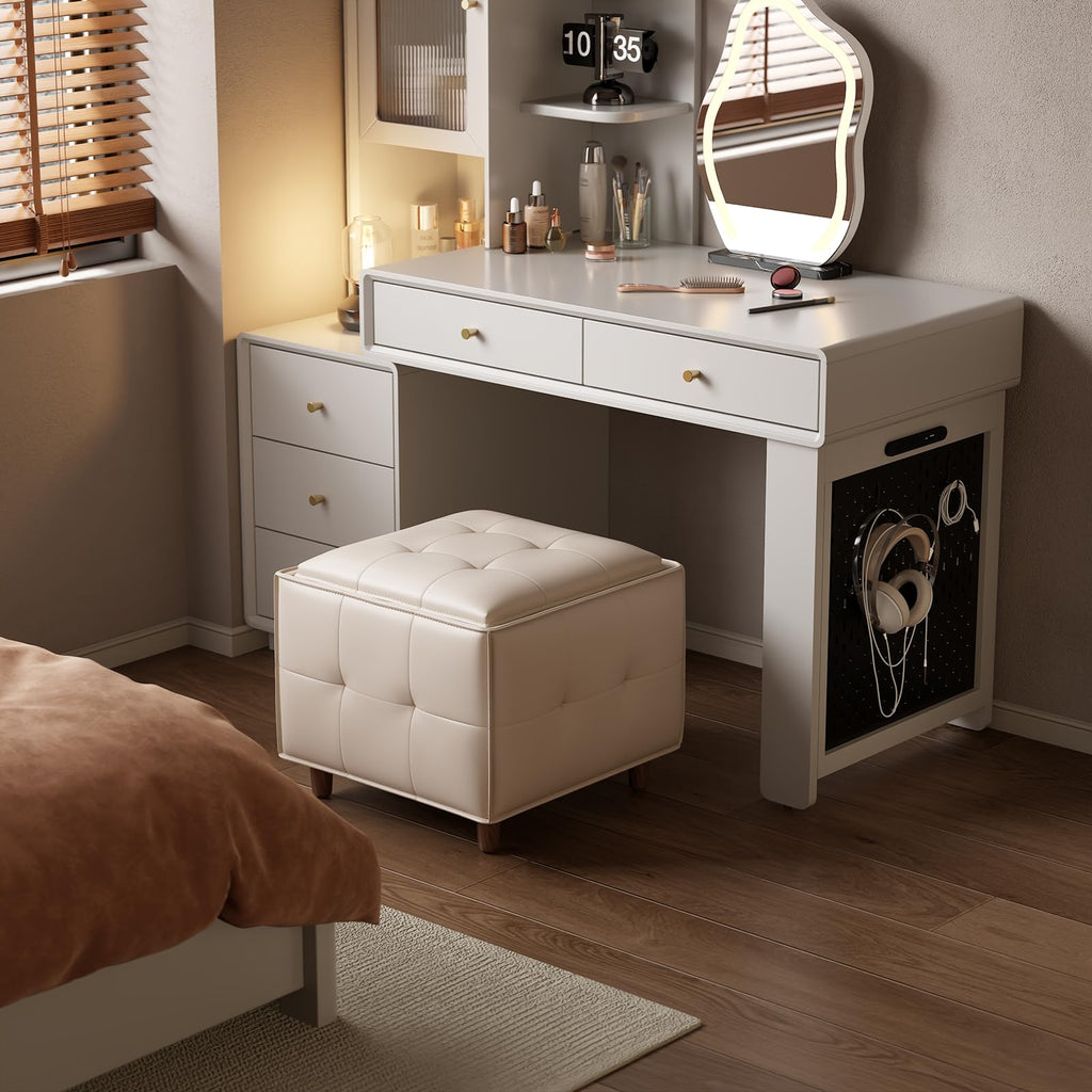 Square Ottoman with Storage Set of 2, Leather Coffee Table Ottoman, Multifunctional Foot Rest Stool with Storage
