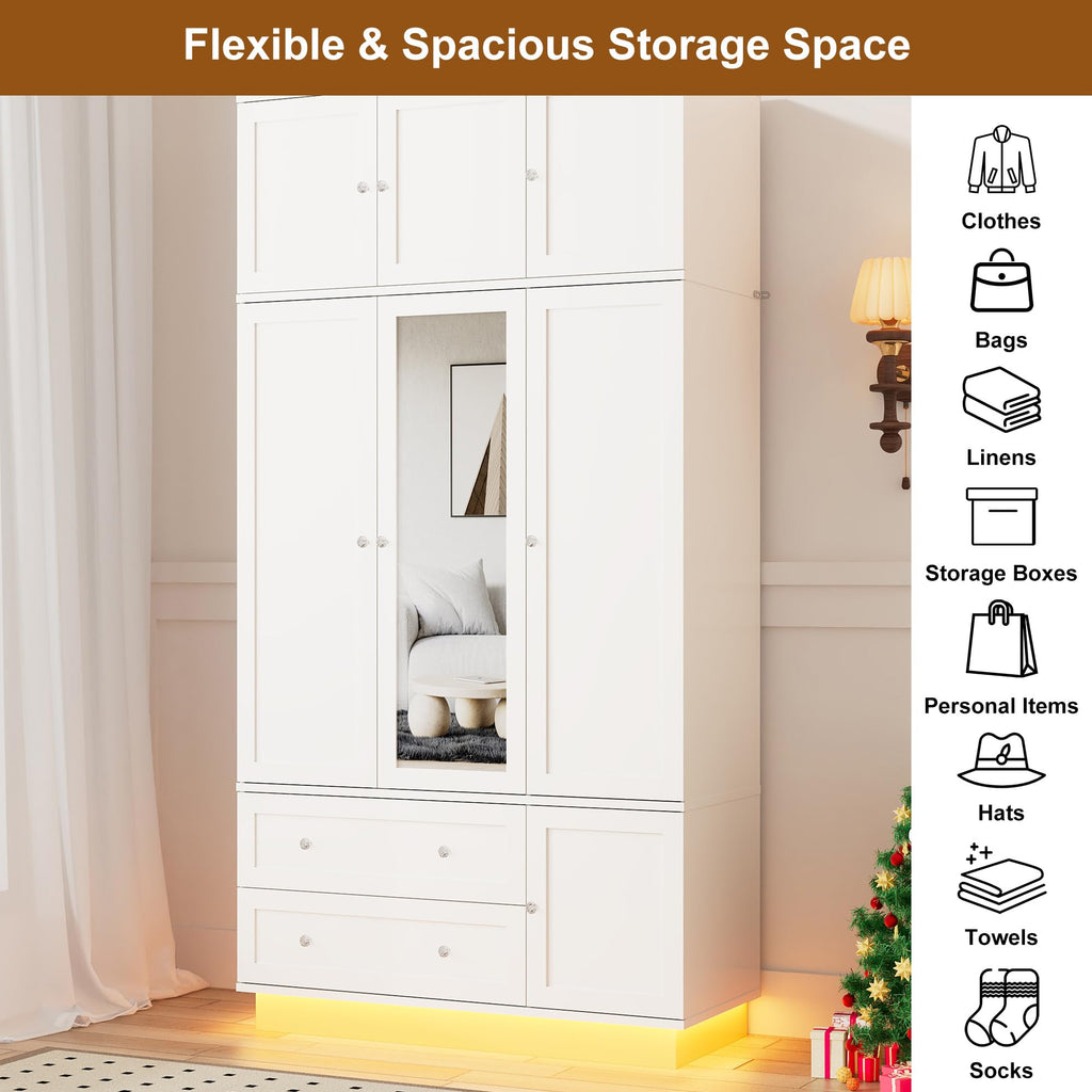 92.2" Tall Armoire Wardrobe Closet with Mirror & Motion Sensor Light, Large Storage Cabinet with 2 Drawers, Hanging