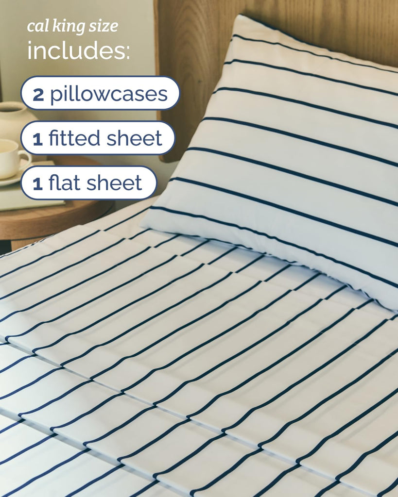Cal King 4 Piece Striped Sheet Set - Breathable & Cooling - Navy Stripe