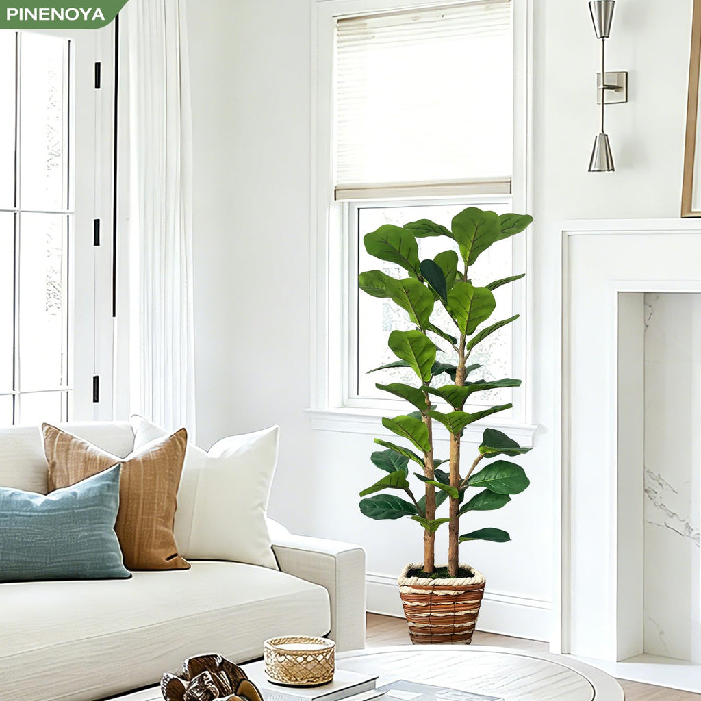 4ft Fiddle Leaf Fig Tree Artificial Plants in Woven Basket