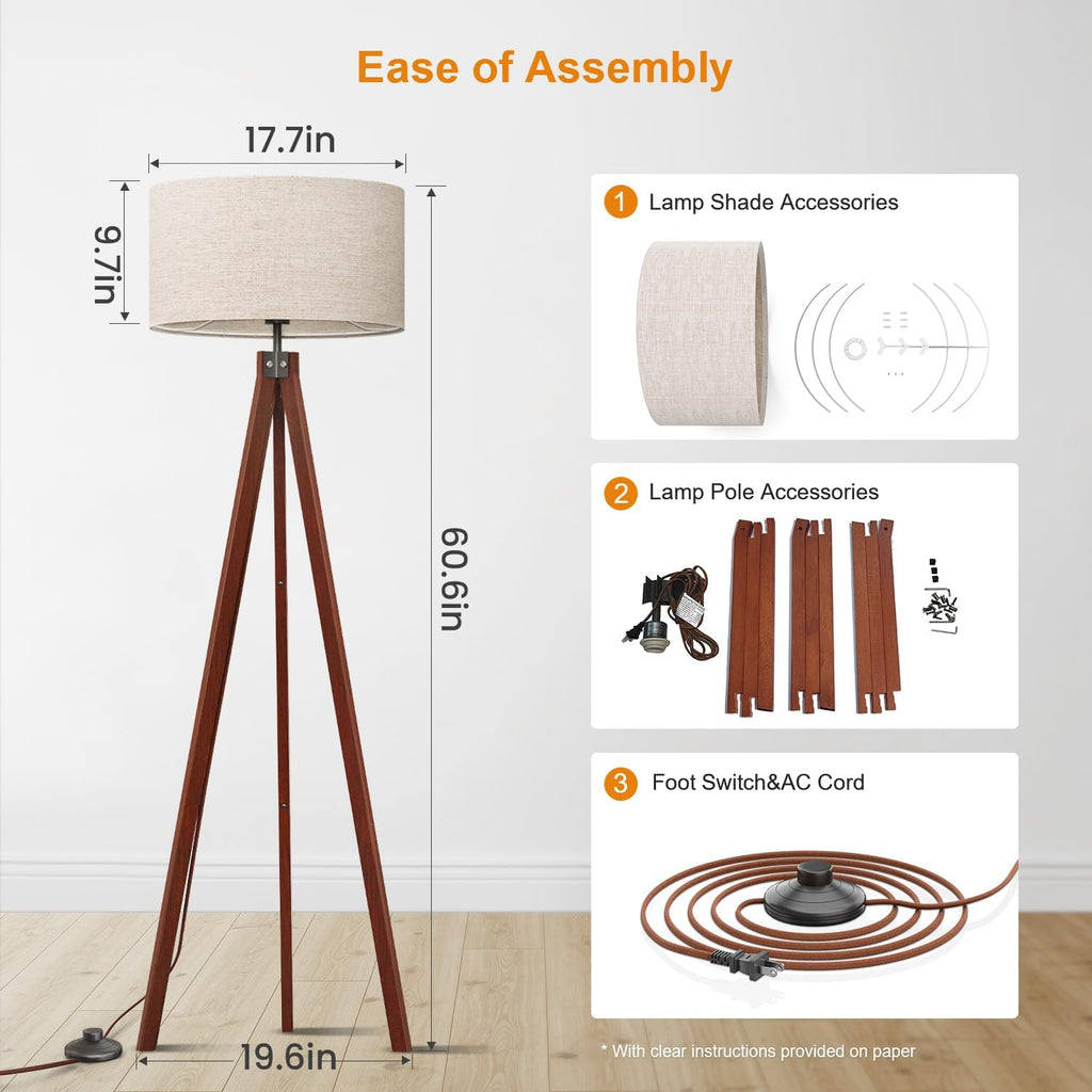 Wood Tripod Floor Lamp, Mid Century Standing Lamp, Modern Design Studying Light Room and Office