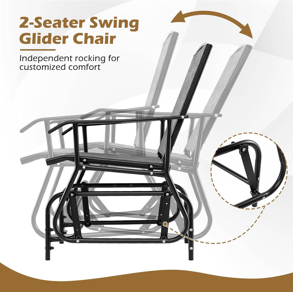 Patio 2 Person Swing Glider Chair, Outdoor Double Rocking Chair W/Center Table & Umbrella Hole, Reinforced Steel