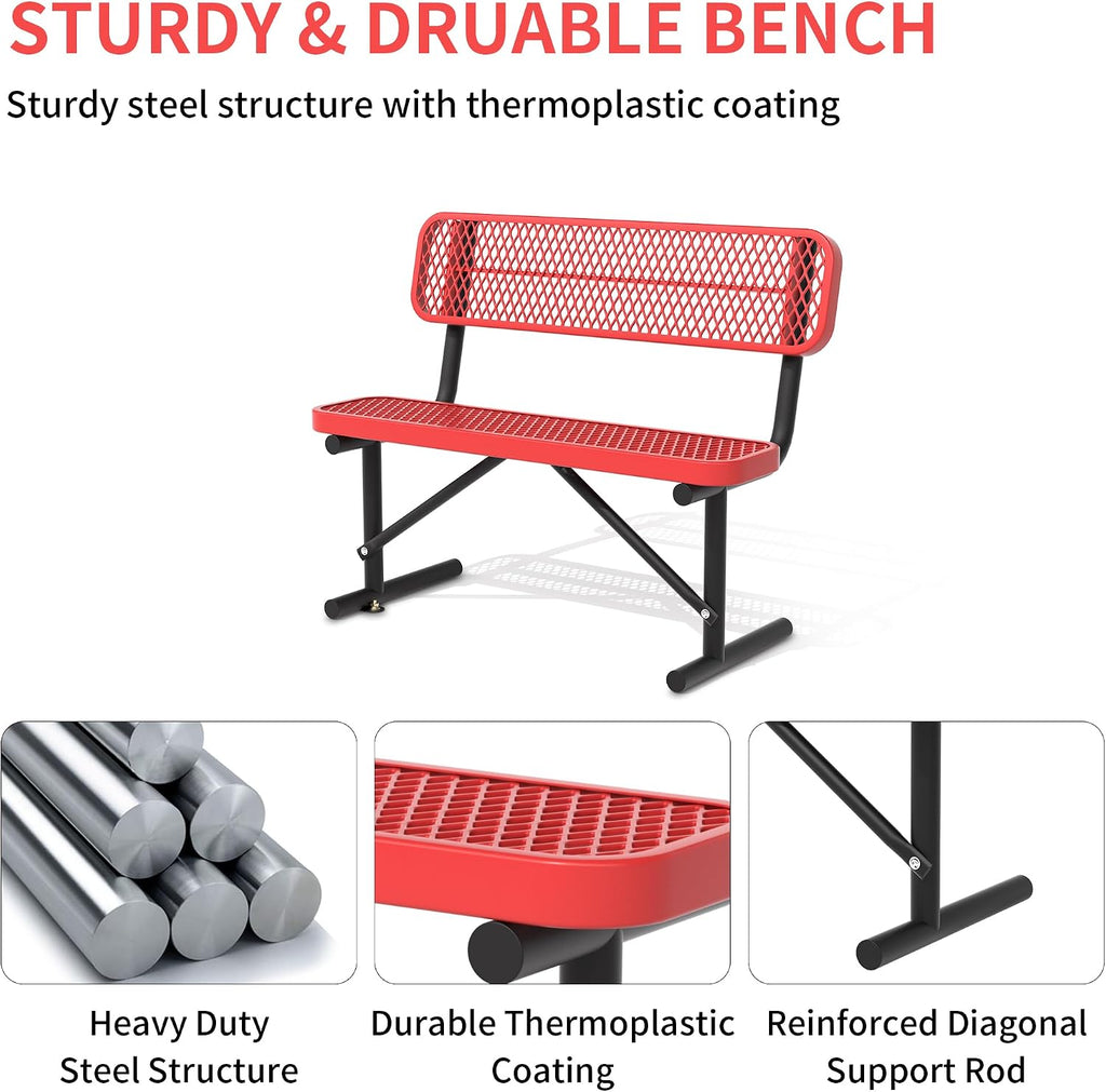 4FT Heavy Duty Metal Park Bench for Outside, Thermoplastic-Coated Weatherproof Outdoor Bench with Backrest & Portable