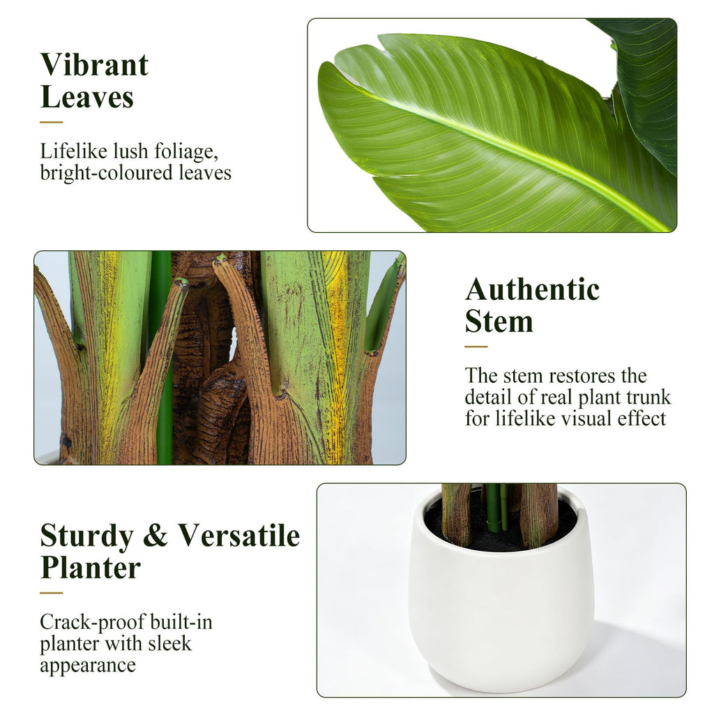 Bird of Paradise Artificial Plant in White Pot, 6ft Tall Faux Banana Leaf Tree with 3 Tropical Bird Flowers & 13
