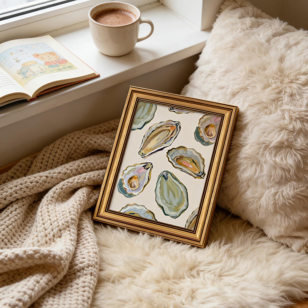 Vintage Gold Framed Wall Art Abstract Coastal Oyster Shell Painting Picture Wall Decor Coastal Beach House Poster