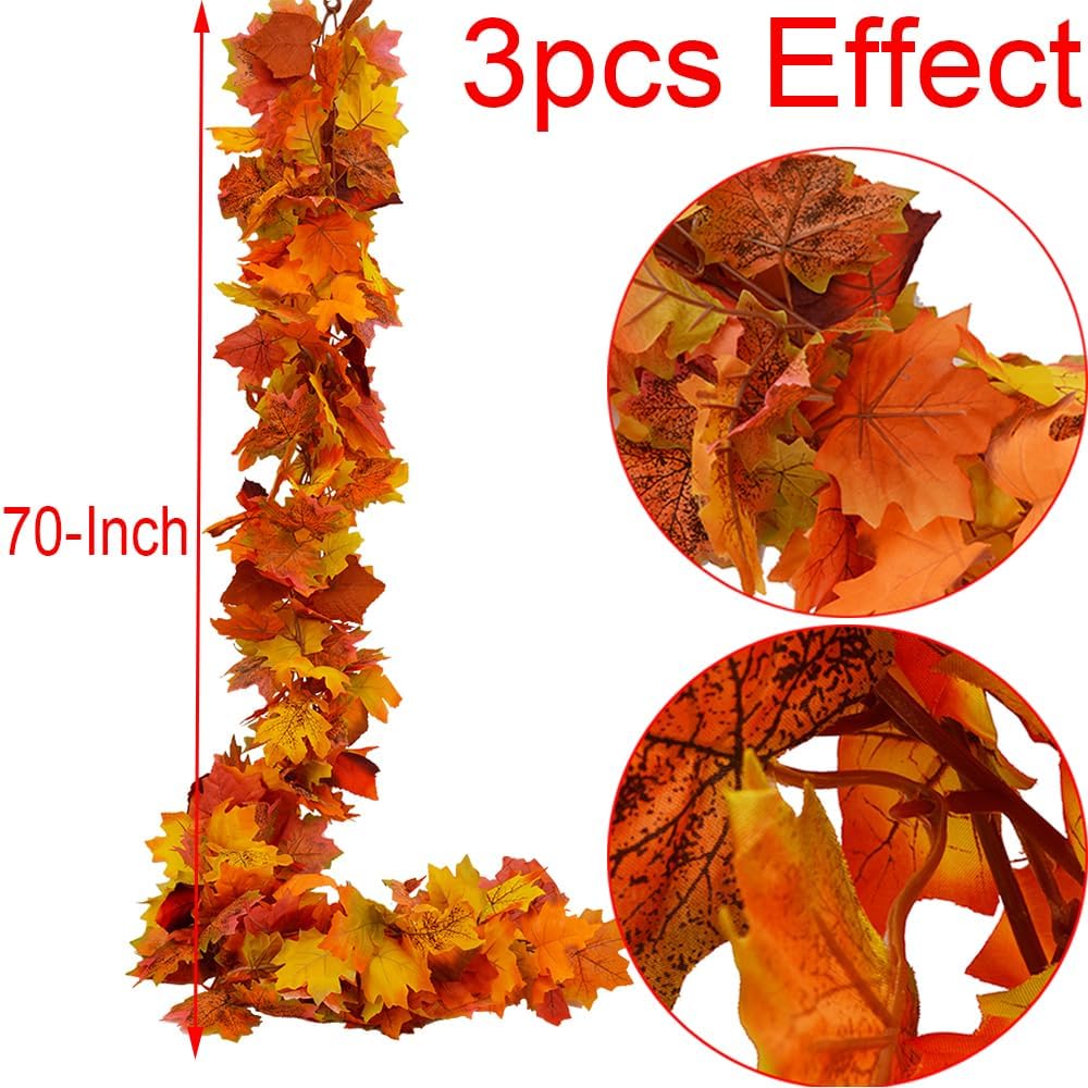 Fall Garland Maple Leaf Garland, 6 Ft/Piece, , Artificial Maple Leaves Hanging Vine, Thanksgiving Decor (3) - Set of 18