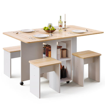 Folding Dining Table with 4 Chairs for Small Spaces, Oak and White