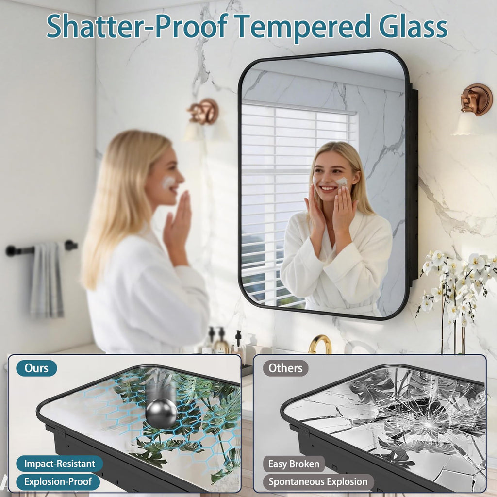 24"x32" Black Bathroom Medicine Cabinet Rounded Rectangle Mirror