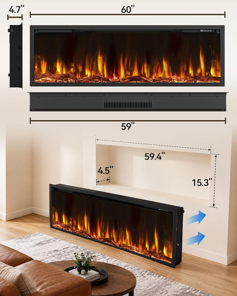 Electric Fireplace 60 Inch Recessed Wall Mounted Ultra-Thin Linear