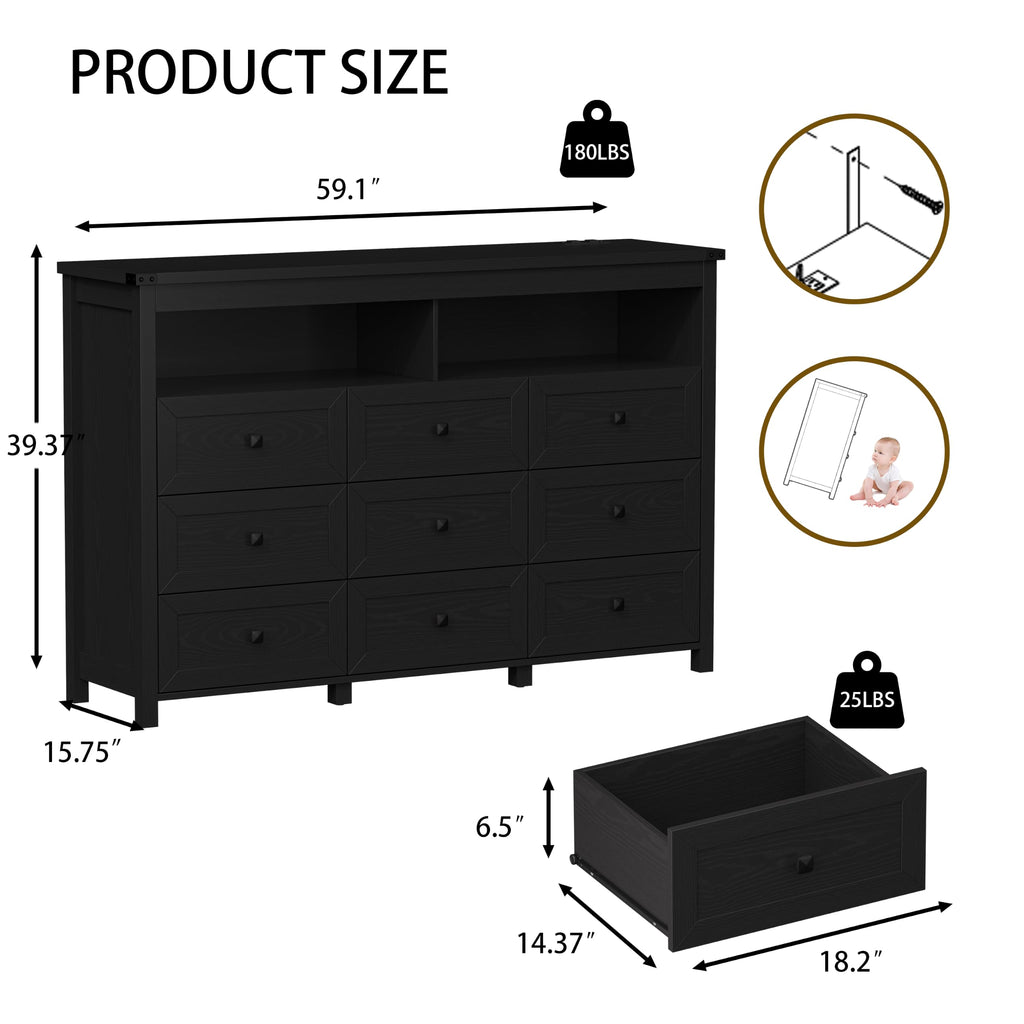 Dresser with 9 Drawers, LED Lights, Power Outlet, Black