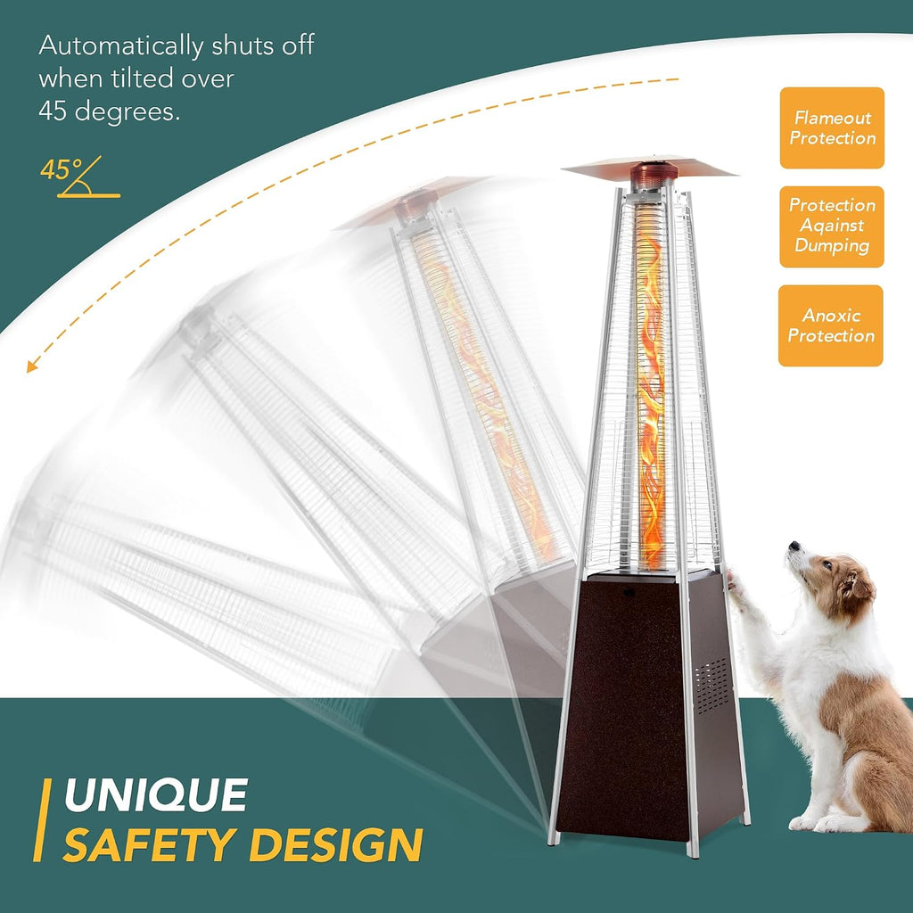 Patio Heater, 48,000 BTU Pyramid Flame Outdoor Heater with Cover, Quartz Glass Tube, 87" Hammered Bronze Tower