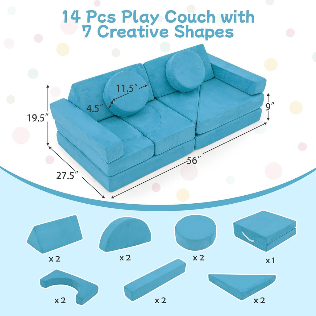 Modular Kids Play Couch, 14 PCS Convertible Foam Children Floor Sofa, Playroom Bedroom Nursery Furniture