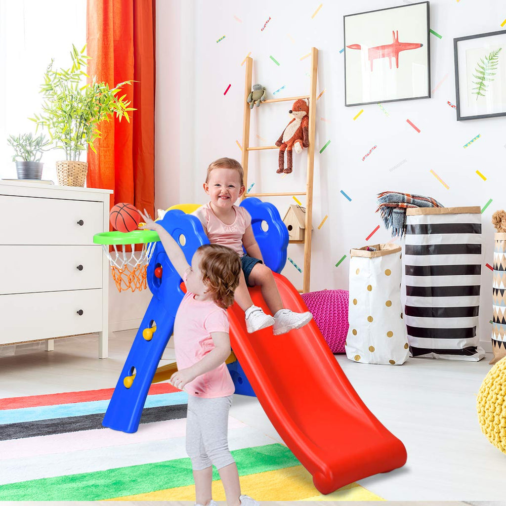 Folding Slide, Indoor First Slide Plastic Play Slide Climber Kids (Floral Rail +Basketball Hoop)