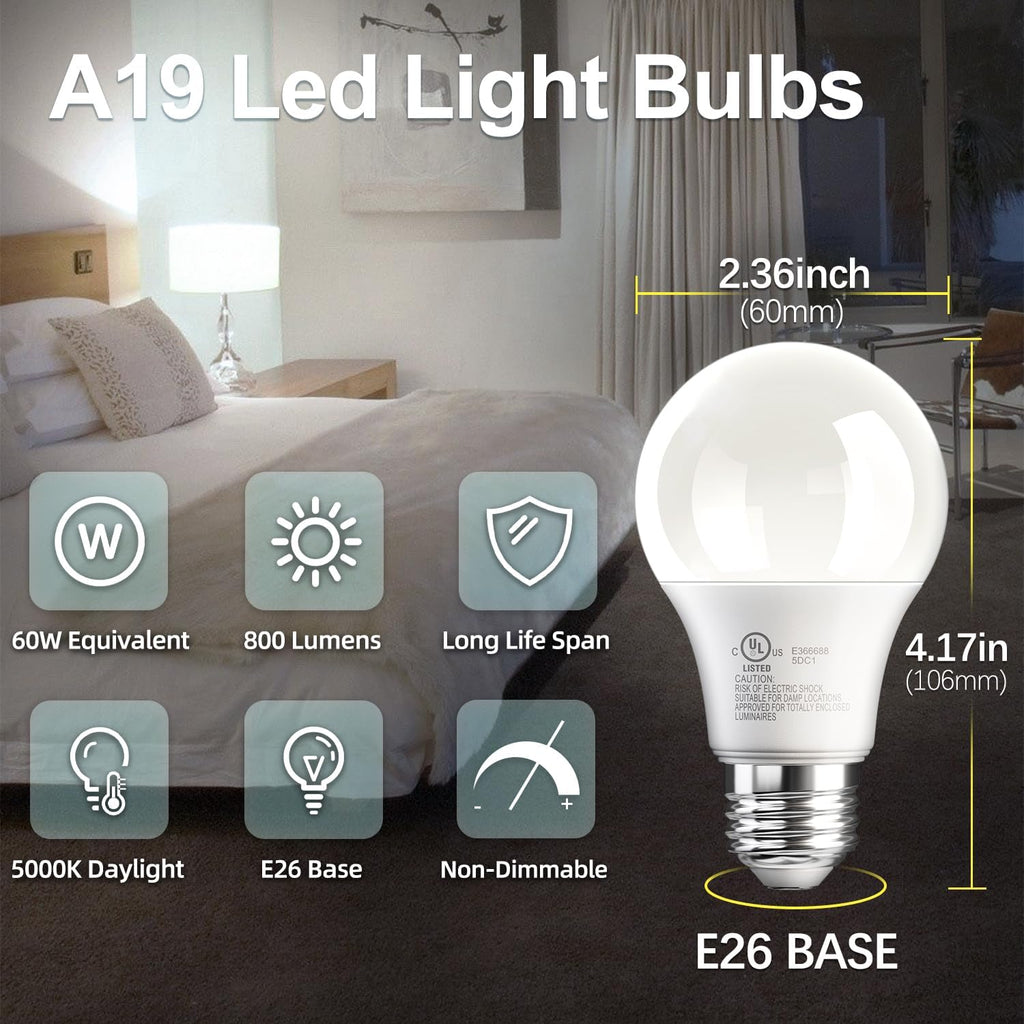 LED Light Bulbs Daylight 5000K, 60 Watt Equivalent LED Bulb, 9W Bright White Light Bulb, A19 E26 Standard Base, Non
