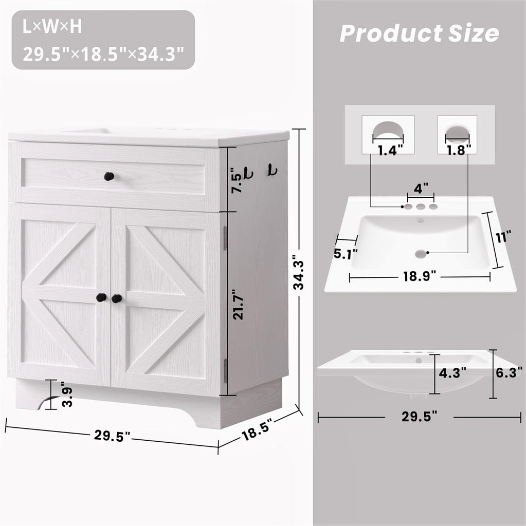 30 Inch Bathroom Vanity with Integrated Ceramic Sink, Farmhouse Single Sink Bathroom Vanity, Tip-Out Drawer & Adjustable Shelf (White) A133-B0FFSPSD1S