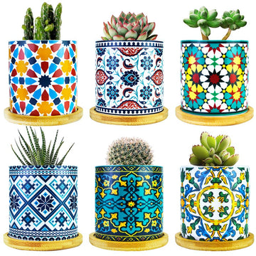 6 Pack Mandala Succulent Plant Pot with Bamboo Trays, Ceramic Multicolored Succulent Container Planter Pot for Small