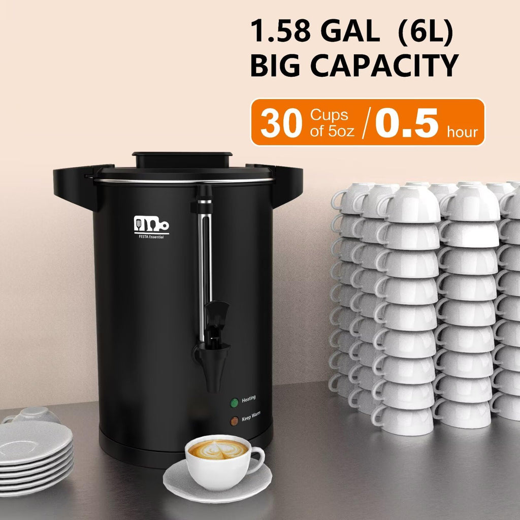 30-Cup 6L Commercial Coffee Urn, 750W Double Wall Large Percolate Coffee Maker Stainless Steel Hot Water Urn