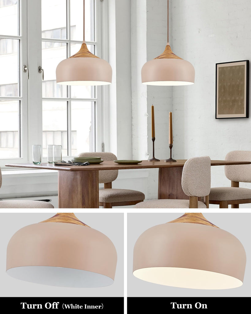 12 Inch Modern Japandi Pendant Light Island Farmhouse Hanging Lamp with Faux Pine Wood Grain Metal Shade, Adjustable