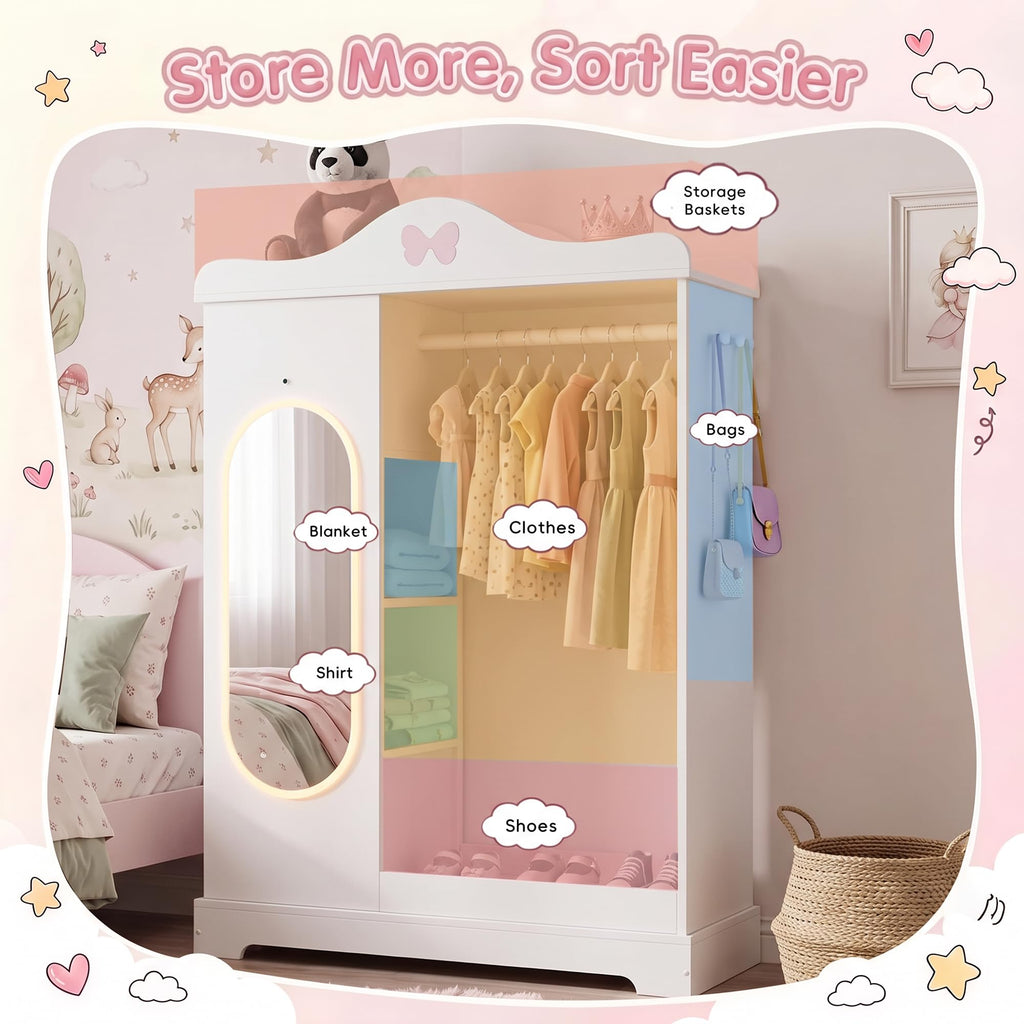Kids Dress Up Storage with Lighted Mirror, Open Hanging Armoire, White