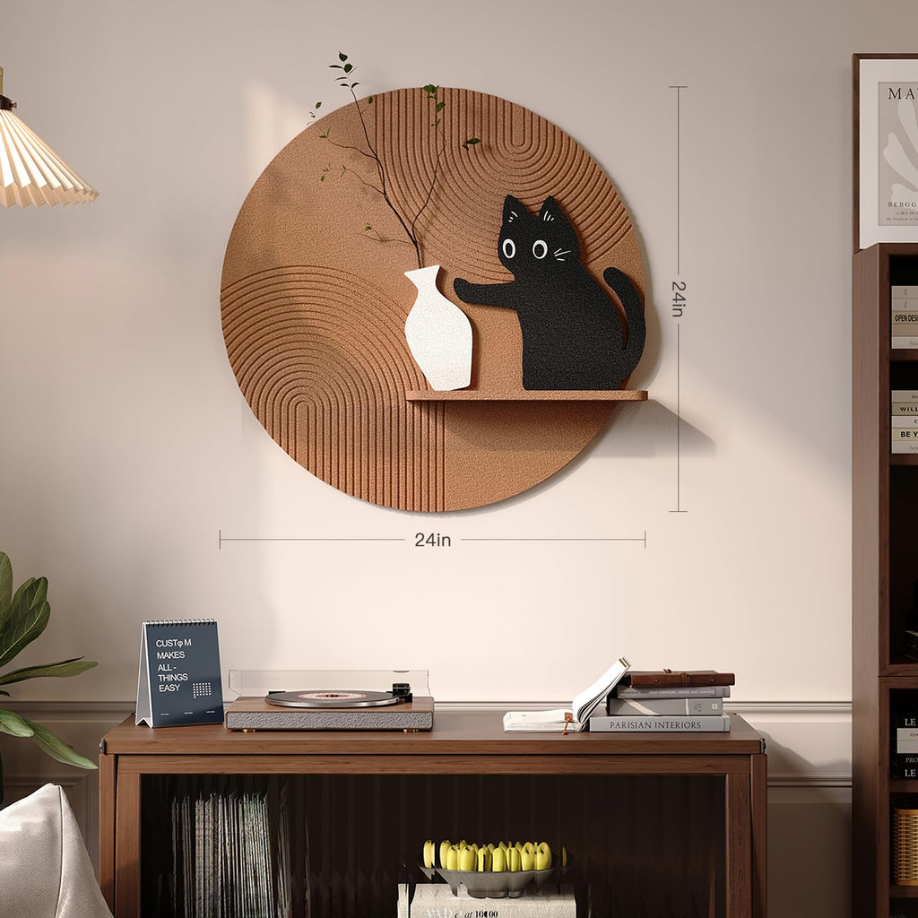 3D Textured Round Cat Wall Art, Modern Minimalist Wall Decor, 24x24 Inch